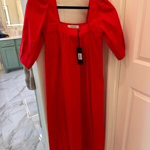 HUNTER BELL Red Ribbed Puff Sleeve Sundress